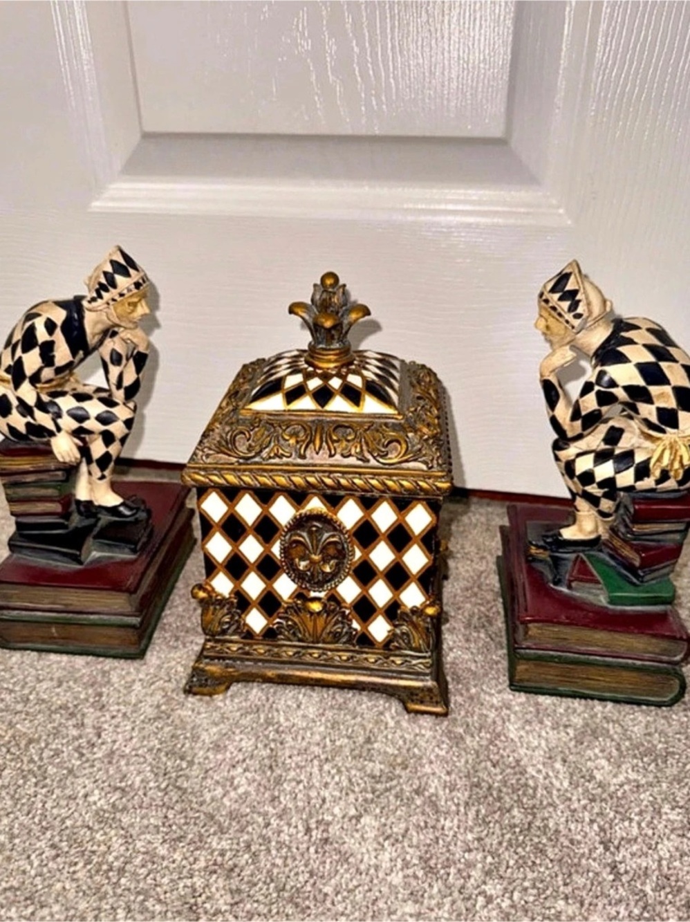 Vintage Harlequin Jester Bookends & Lidded Trinket Box 3-Piece Décor Set